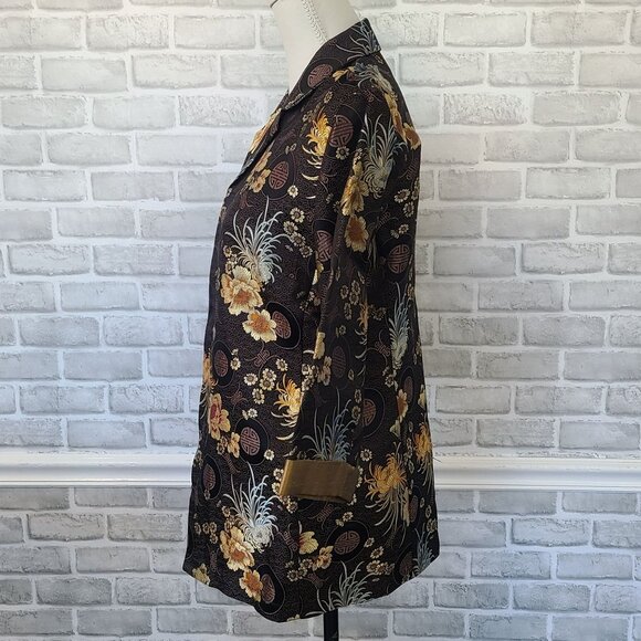 Chicos Silk Blend Asian Print Brocade Kimono Jacket sz 1 / Med Black Gold Artsy - Picture 2 of 10